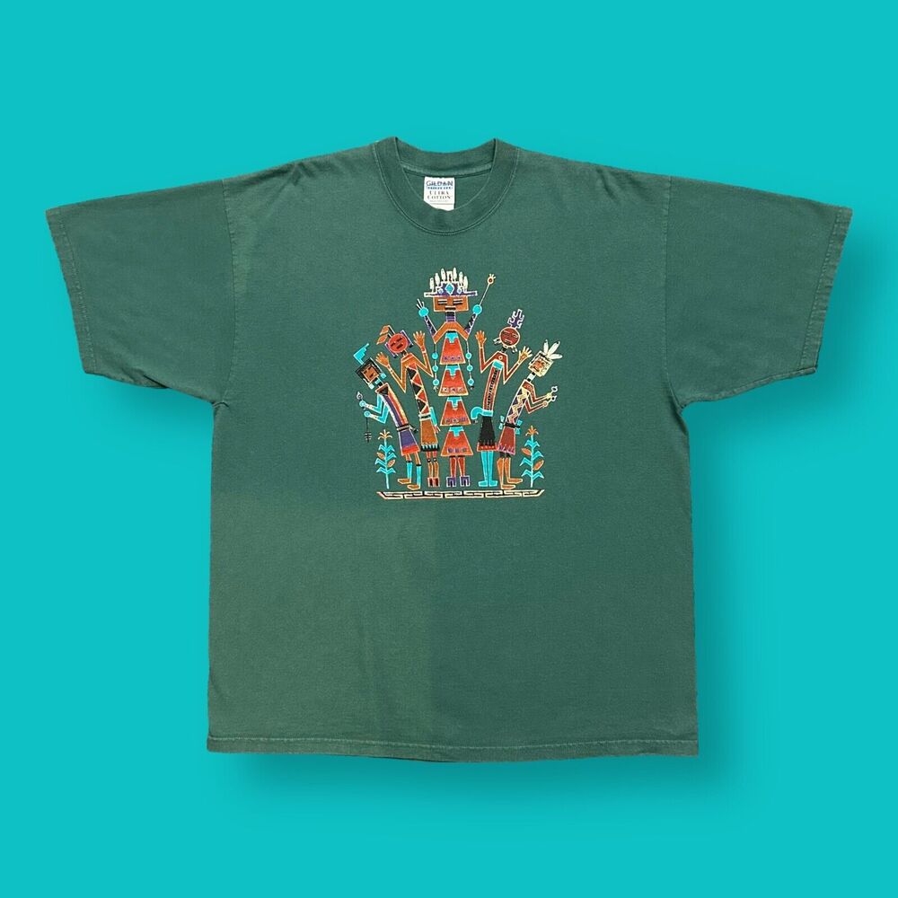 Vintage Southwestern Art Shirt 90s Graphic Tee Faded Cotton Green 2XL